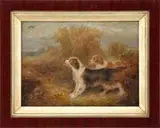 G. Bateman, Flushing the Bird, Oil on board scene shows two dogs flushing a game bird from a haystack