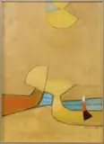 Sigismond Kolos-Vary, Meditation I, Mixed media abstract scene shows a figure near bridge over water with sun