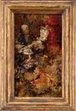 Salvador Sánchez Barbudo, La Visita Al Cardenal, Oil on canvas scene shows an elegant man and woman presenting themselves to someone off canvas, presumably a Cardinal
