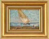 Joaquín Sorolla, Sail Boat at Valencia, Oil on masonite small scene shows a sailboat near flat shoreline with two figures