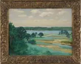 R K Beck, View of Sag Harbor, New York, Oil on canvas scene shows a town at the end of an inlet with tidal flats under a blue and white cloud sky