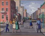 Harold Bruder, A Time of Miracles, Large oil on canvas scene shows a New York City scene with a wide street lined by buildings with cars and pedestrians