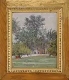 Theodore M. Wendell, Summer Home, Oil on board scene shows a large house with connected buildings having expansive lawn with trees and fence