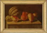 Dr. Z. T. Miller, Pears, Oil on artist board scene shows pears and a melon on a wood crate top against a dark brown background