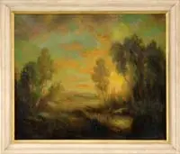 Impressionistic Sunset Landscape by John Henry Twachtman, Oil on canvas landscape scene shows a sunset, wispy trees, and small pond, offered Aug 2007