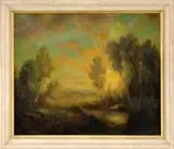 Impressionistic Sunset Landscape by John Henry Twachtman, Oil on canvas landscape scene shows a sunset, wispy trees, and small pond, offered Aug 2007