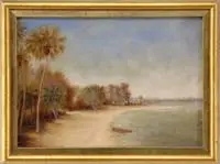 Florida Beach Scene by Signed Illegibly, Small oil on canvas scene shows a beach with two rowboats lined with palm trees and a low coastal area beyond, offered Aug 2007