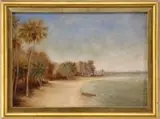 Signed Illegibly, Florida Beach Scene, Small oil on canvas scene shows a beach with two rowboats lined with palm trees and a low coastal area beyond