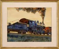 Francis Wenderoth Saunders, Locomotive and Tender, Fine large watercolor shows a black locomotive and tender pushing a red boxcar. All under a yellow sky