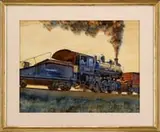 Francis Wenderoth Saunders, Locomotive and Tender, Fine large watercolor shows a black locomotive and tender pushing a red boxcar. All under a yellow sky