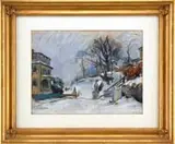 Anthony Pietro Martino, Snowy Street Scene, Pastel scene shows a street with colorful houses and baron trees in a recent snow covered landscape