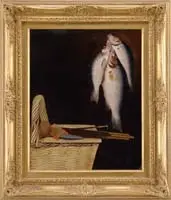 Unsigned, Recent Catch, Oil on board scene shows three hanging fish next to a picnic basket with sectioned pole rod, line and sinker