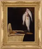 Unsigned, Recent Catch, Oil on board scene shows three hanging fish next to a picnic basket with sectioned pole rod, line and sinker