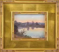 Ben Carre, Crepuscule Sur La Marne, Oil on panel scene shows a river with tree and grass lined banks under a colorful sunset