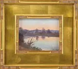 Ben Carre, Crepuscule Sur La Marne, Oil on panel scene shows a river with tree and grass lined banks under a colorful sunset