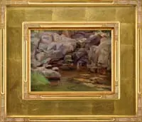 Ben Carre, Englewood 1915, Oil on wood panel shows a rocky banked small stream pool with bright green grass in the foreground