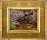 Ben Carre, Englewood 1915, Oil on wood panel shows a rocky banked small stream pool with bright green grass in the foreground