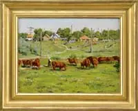 Sergeï Danilovich Dumenko, Summer in Odessa, Oil on board summer scene shows a woman tending a herd of brown cows with several houses and people on a small hillside