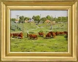 Sergeï Danilovich Dumenko, Summer in Odessa, Oil on board summer scene shows a woman tending a herd of brown cows with several houses and people on a small hillside