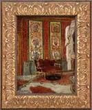 Stanislav Y. Zhukovsky, The Sitting Room, Oil on board of interior scene shows an elegant room with French style sofa, painted wall panels and decorated flooring