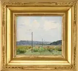 Vladimir Mikhailovich Sinitski, Grazing, Oil on board scene shows eight cows grazing on a green field below a line of electric poles with low hills