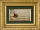 A. Mattehieu, Day of Sailing, Oil on wood panel shows a small sailboat with people aboard sailing along a beach with crashing waves