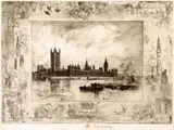 Félix Buhot, Westminster Palace, London, Pencil signed etching & drypoint shows a rendering of the famous palace in London on the river