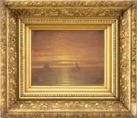 Nelson Augustus Moore, Study of a Sky, Oil on unstretched canvas scene shows two sailboats under a setting sun and on calm water