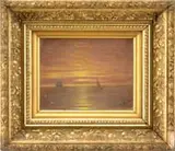 Nelson Augustus Moore, Study of a Sky, Oil on unstretched canvas scene shows two sailboats under a setting sun and on calm water