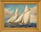 Blaikie Hines, 1887 America’s Cup, Oil on panel nautical scene shows two racing boats next to each other with two steam yachts off stern