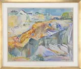 Alfred Hayward, Rockport Quarry, Large watercolor scene shows a large granite quarry with arched bridge beyond