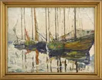 Ragnar Olson, Harbor in Winter, Oil on canvas winter scene shows five sailboats moored side by side in a harbor with masts up and sails down