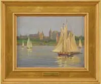 James Knox, Enjoying the Day, Oil on canvas scene shows several small sailboats in front of a large castle with green lawns