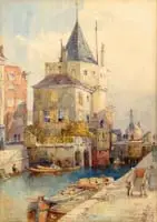 Ernest George, Amsterdam – 1888, Fine watercolor Dutch scene shows a canal through city with buildings, boats and people