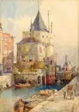 Ernest George, Amsterdam – 1888, Fine watercolor Dutch scene shows a canal through city with buildings, boats and people