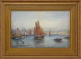 R Malcolm Lloyd, Busy Harbor, Watercolor and gouache harbor scene shows a busy harbor with sailboats, steamships and rowboats