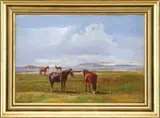 Niels Peter Christensen, Two Works: Horses in Landscape, 1) Oil on canvas scene shows four horses on a grass covered ground next to the sea