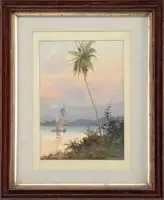 Reinaldo Manzke, Tropical Sail, Gouache tropical scene shows a sailboat with figures of a shoreline with palm tree colorful sky