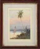 Reinaldo Manzke, Tropical Sail, Gouache tropical scene shows a sailboat with figures of a shoreline with palm tree colorful sky