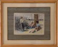 William Allen Rogers, In the Watermelon Patch, Watercolor illustration depicting three black boys at the edge of a corn field eating recently harvested watermelon