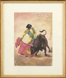 Alan Horton Crane, Bullfighter, Watercolor bullfighting scene shows a Matteador in yellow and blue with red cape and bull