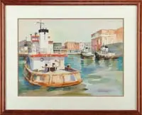 Christine Urrida, Tugs at Bay, Watercolor harbor scene shows three small tugboats in city port area