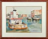 Christine Urrida, Tugs at Bay, Watercolor harbor scene shows three small tugboats in city port area