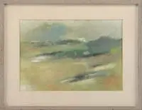 Charles E. Martin, Meadow Monhegan, Watercolor scene shows colorful meadows under blue and light green sky