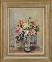 Nan Greacen, Roses in a Glass Vase, Oil on board table top still life scene shows a footed glass vase holding yellow, pink and red roses with green leaves