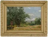 C.U. Boizard, Landscape with Houses, Oil on board summer scene shows gray houses nestled in a field and wood area under a blue and white cloud sky