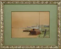 William Merritt Post, Calm Waters, Watercolor scene shows a single mast sailboat moored along a grassy bank coastline with small dock
