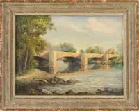 Alfred P. Smith, Catskill Creek at Catskill, Large oil on canvas board depicting Catskill Creek Bridge in Catskill, New York, building in background