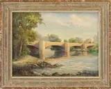 Alfred P. Smith, Catskill Creek at Catskill, Large oil on canvas board depicting Catskill Creek Bridge in Catskill, New York, building in background
