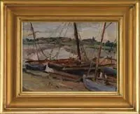 James P. Michael, Low Tide Maldon, Oil on board depicting sailing vessels at low tide